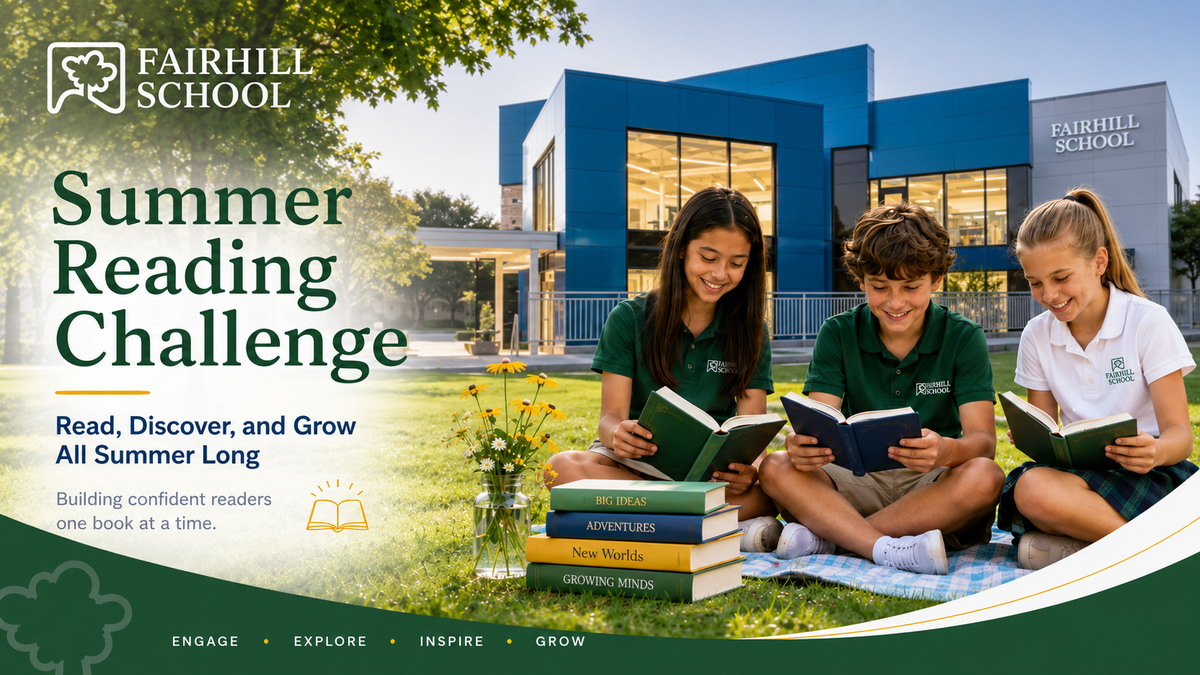 Summer reading challenge image of students reading in front of school